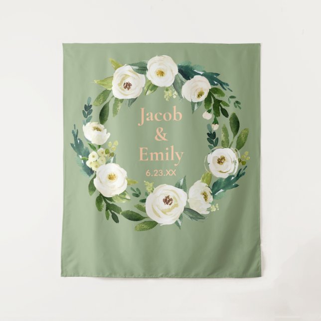 Tapete De Parede Sage e Pêssego Fundo Personalizado para Fotobooth  (Frente)