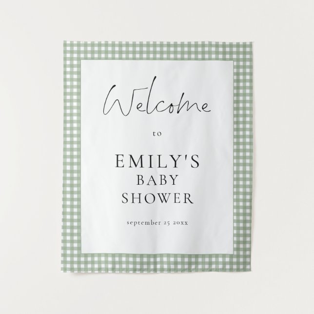 Tapete De Parede Sage Green Gingham Script Welcome Baby Shower  (Frente)