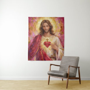Tapete De Parede Sagrado Coração Jesus Pintura com Moldura Dourada 