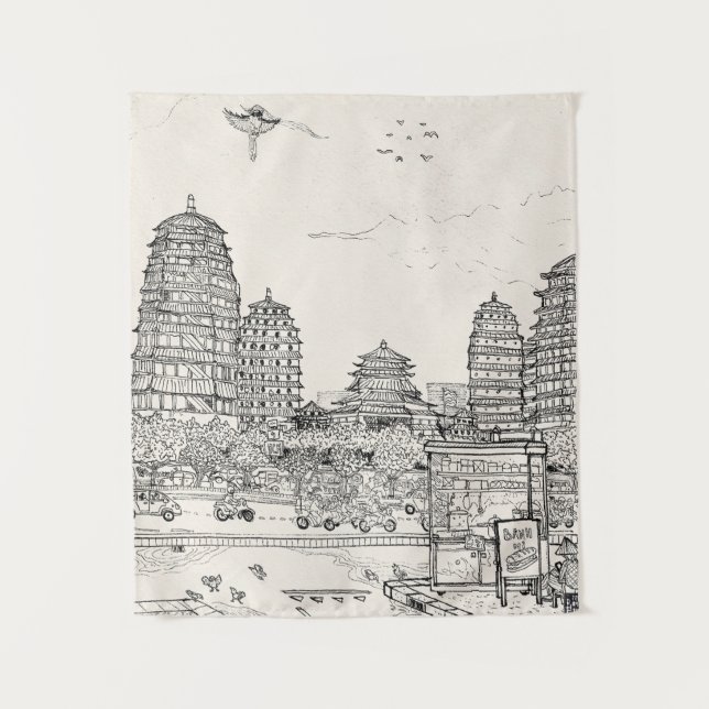 Tapete De Parede Saigon Pagoda Vietnam Cityscape Pen Tinta (Frente)