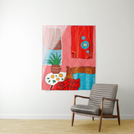 Tapete De Parede Sala Vermelha inspirada em Matisse com Laranjas e