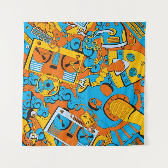 Tapete De Parede Seamless old school pattern, robots and tapes (Frente)