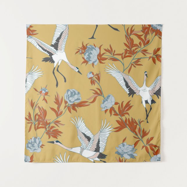 Tapete De Parede Seamless pattern with Japanese white cranes and pe (Frente)
