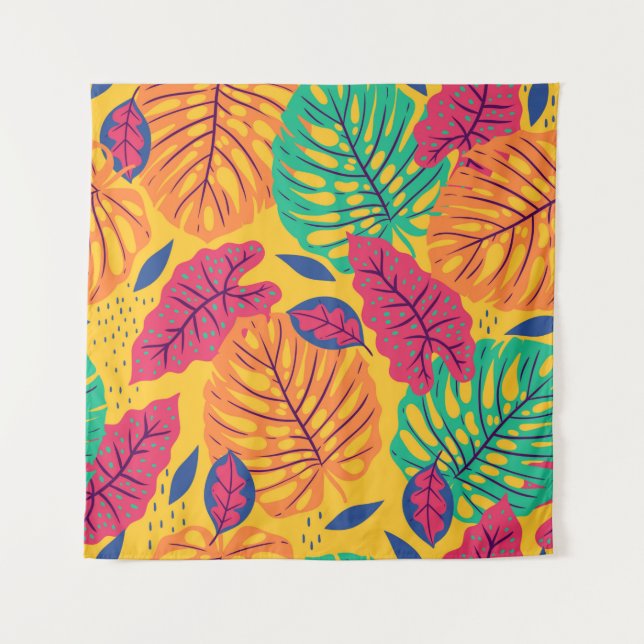 Tapete De Parede Seamless pattern with tropical leaves on yellow ba (Frente)