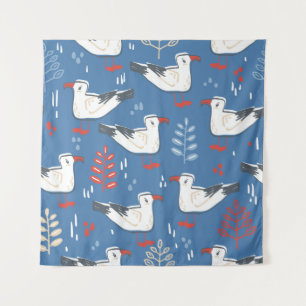Tapete De Parede seamless pattern with walking gull. Bird and leave