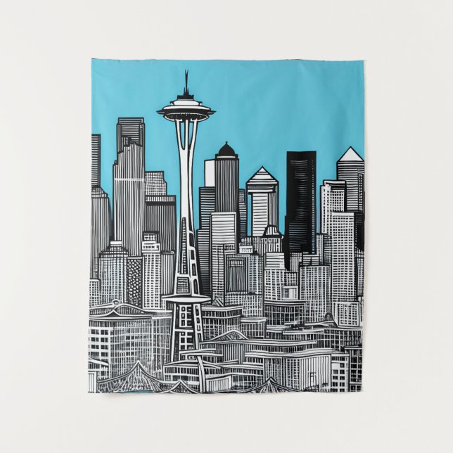 Tapete De Parede Seattle Washington Cityscape em preto e branco (Frente)