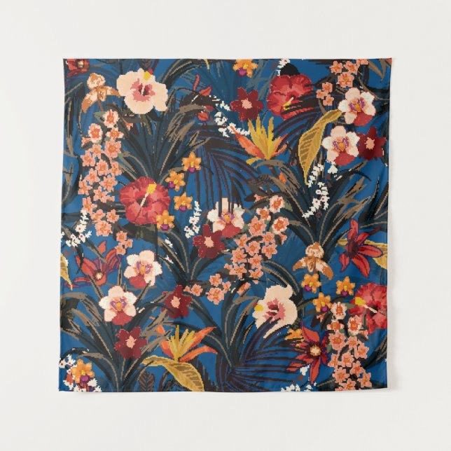 Tapete De Parede Selva Chic: Azul Escuro Exótico. (Frente)