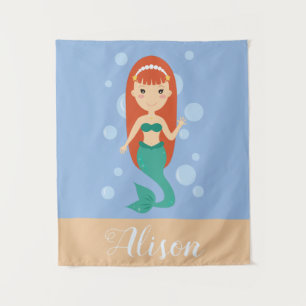 Tapete De Parede Sereia bonita com cabelo vermelho nadando no ocean