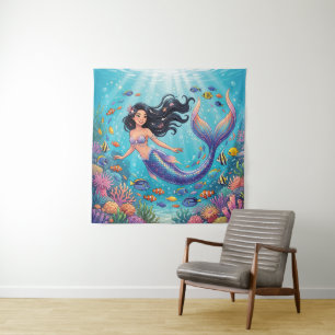 Tapete De Parede Sereia Bonita de Desenho Animado sob o Mar