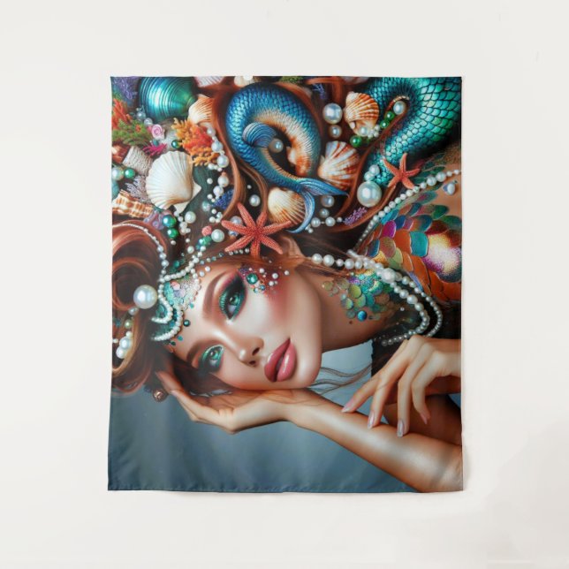 Tapete De Parede Sereia com tesouros marítimos joalharia (Frente)