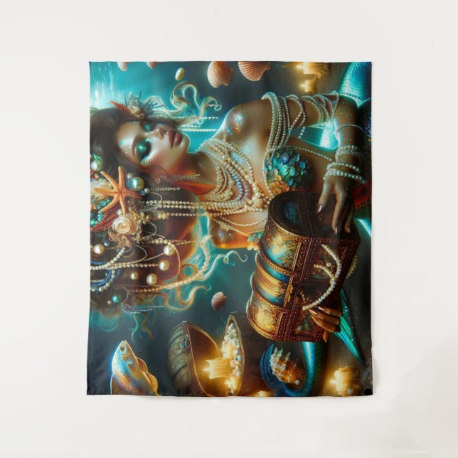 Tapete De Parede Sereia com tesouros marítimos joalharia (Frente)