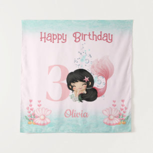 Tapete De Parede Sereia de Cabelo Escuro Banner Rosa de Aniversário