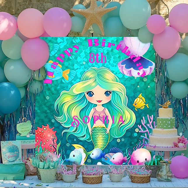 Tapete De Parede Sereia Festiva Pensou Feliz Banner de Aniversário (Colorful Mermaid Themed  Birthday Party Banner )