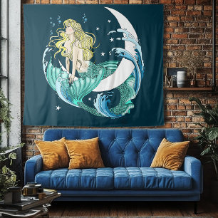 Tapete De Parede Sereia Loira Lua Crescente Arte Deco Fantasia