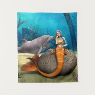 Tapete De Parede Sereia Sonhadora Golfinho Arte Fantasia Subaquátic