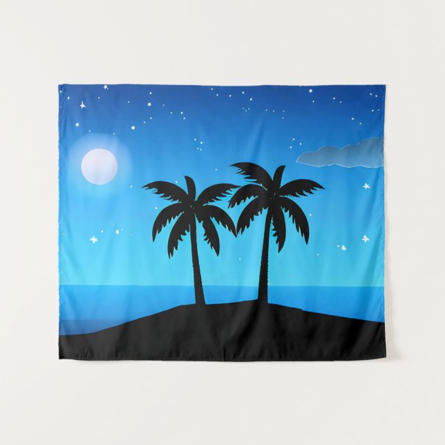 Tapete De Parede Silhueta tropical com lua e estrelas (Frente (Horizontal))