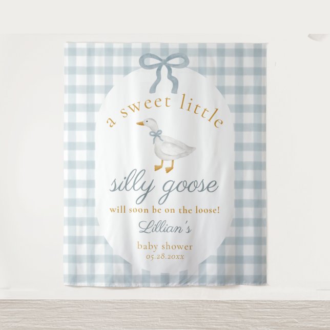Tapete De Parede Silly Goose Duck Blue Gingham Baby Shower Backdrop (Frente)