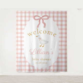 Tapete De Parede Silly Goose Pink Gingham Girl Baby Shower Backdrop
