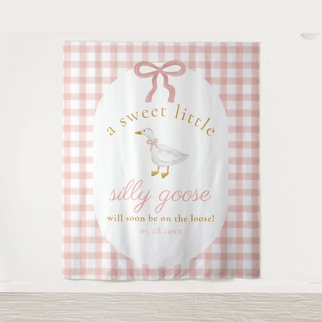 Tapete De Parede Silly Goose Pink Gingham Girl Baby Shower Backdrop (Frente)