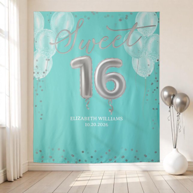 Tapete De Parede Silver Foil Sweet 16 Balões Fundo Real do Teal (Criador carregado)