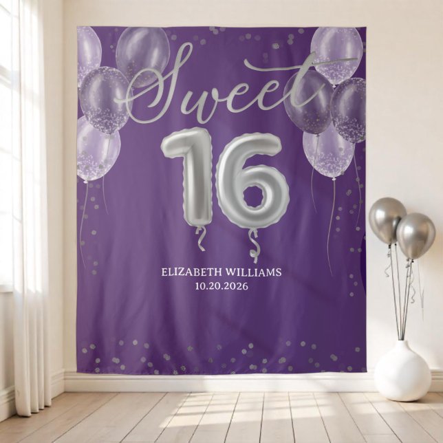 Tapete De Parede Silver Foil Sweet 16 Balões Fundo Roxo (Criador carregado)