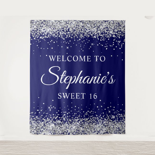 Tapete De Parede Silver Glitter e Marinho Blue Bem-vindos ao Sweet  (Frente)