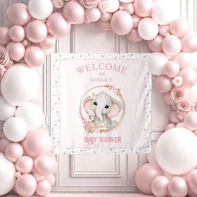 Tapete De Parede Símbolo de Boas-vindas do Chá de fraldas Elefante  (Cute Elephant and Flowers Baby Shower Welcome Sign Tapestry)