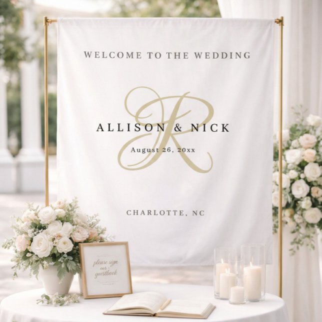 Tapete De Parede Simple Gold Monogram Wedding Welcome Sign (Criador carregado)