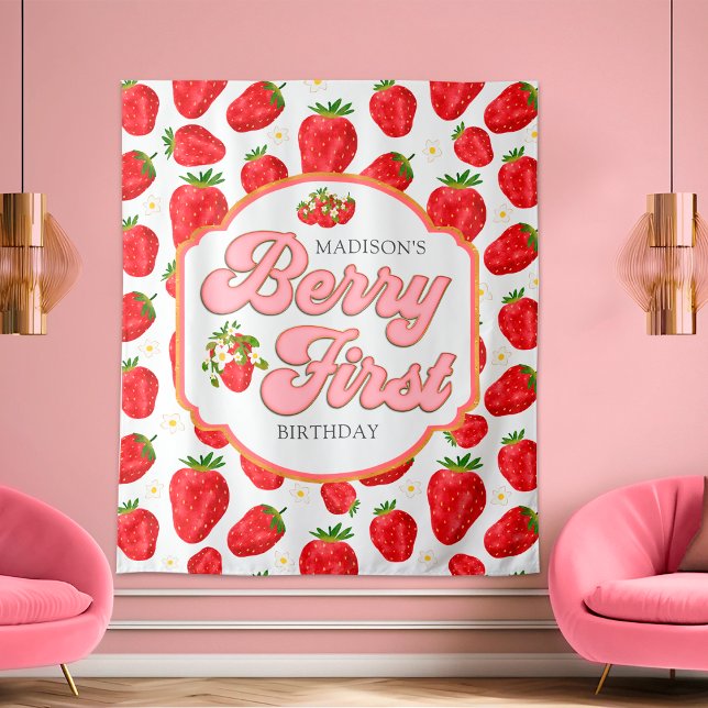 Tapete De Parede Simples Berry First Strawberry Birthday (Criador carregado)