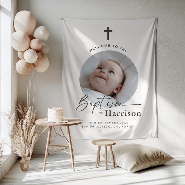 Tapete De Parede Sinal de Boas-Vindas de Batismo com Foto Redonda (Zazzle Round Photo Baptism - Welcome Sign Tapestry)
