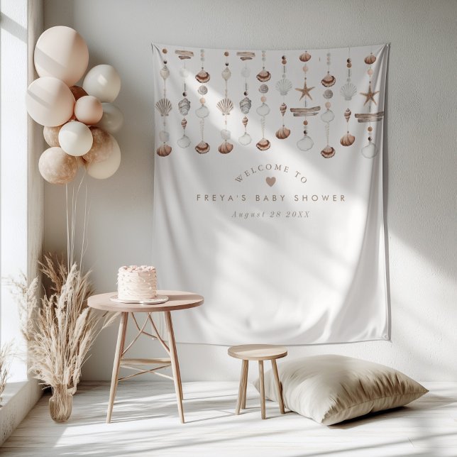 Tapete De Parede Sinal de Boas-Vindas Praia Boho (Zazzle Boho Beach Shell Welcome Sign Tapestry)