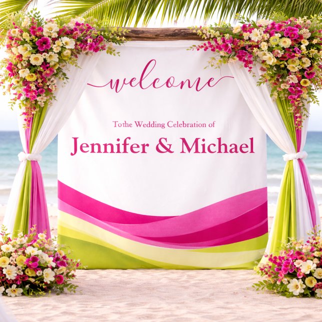 Tapete De Parede Sinal de Casamento Rosa Fúcsia e Verde Lima (Fuchsia and Lime Green Wedding Sign Tapestry )