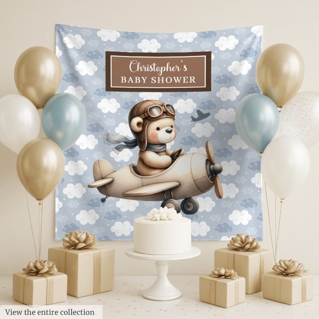 Tapete De Parede Sinal de celebração do chá de bebê do menino pilot (Cute teddy bear pilot boy shower celebration sign Tapestry)