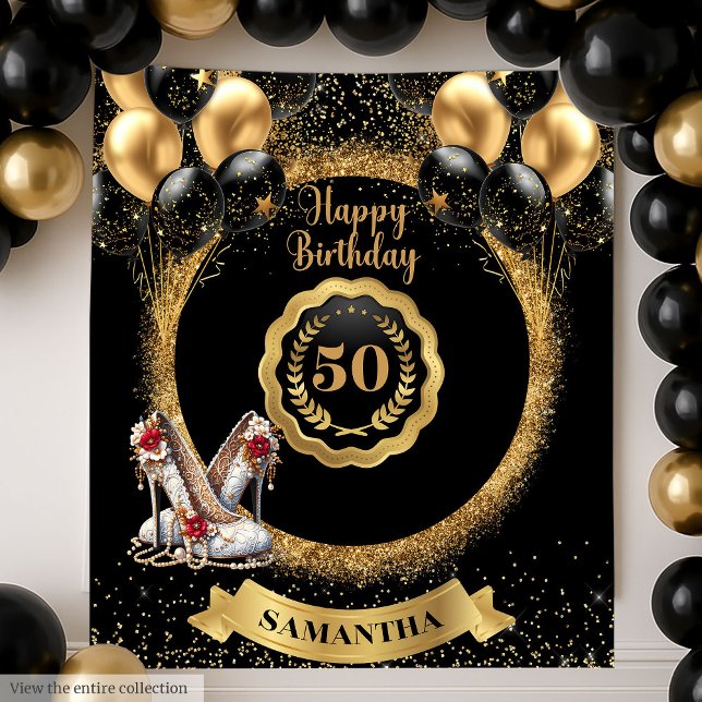 Tapete De Parede Sinal de Festa de aniversário preto Dourado vermel (Black Gold Red Glitter 50th Birthday Party Sign)