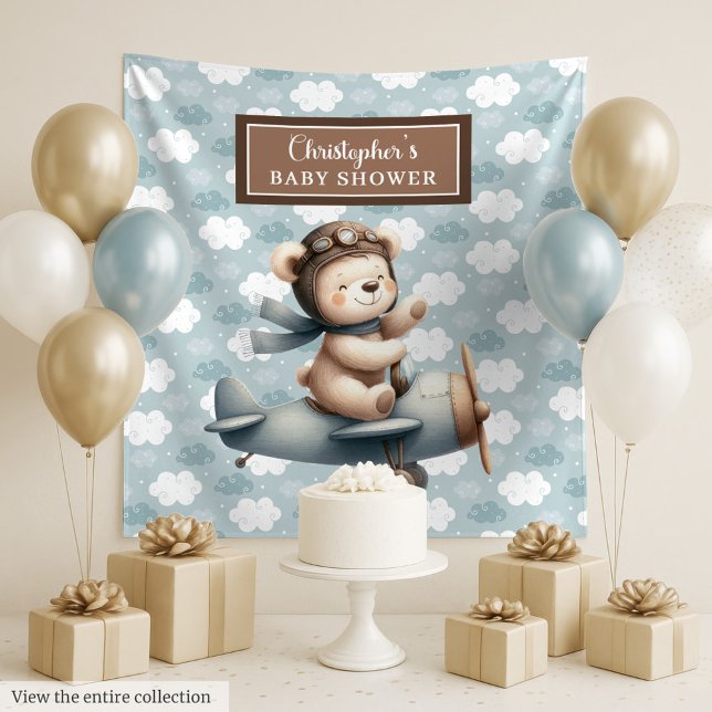 Tapete De Parede Sinal de festa de baby shower com urso piloto esti (Stylish teddy bear pilot baby shower party sign Tapestry)