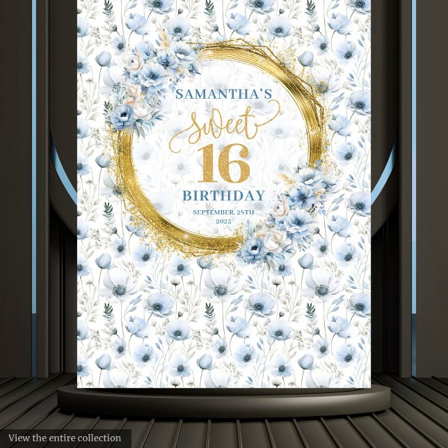Tapete De Parede Sinal de festa Dourada da Glitter 16 Blue Dusty (Custom Dusty Blue Sweet 16 Gold Glitter Party Sign Tapestry)