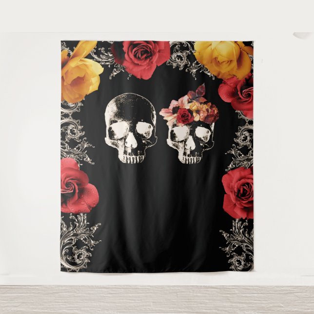 Tapete De Parede Skeleton Skull Red Yellow Fotografia Fundo (Frente)