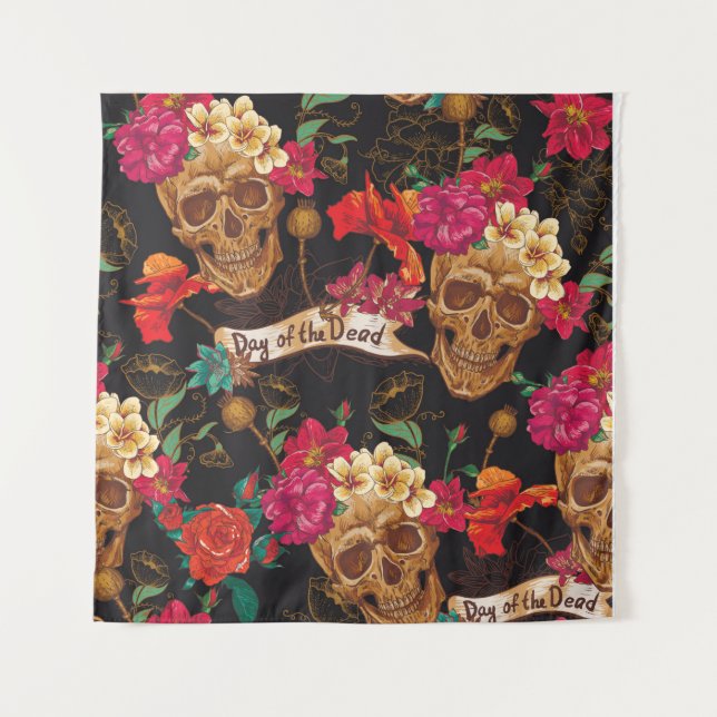 Tapete De Parede Skull and Flowers Day of The Dead Seamless Backgro (Frente)