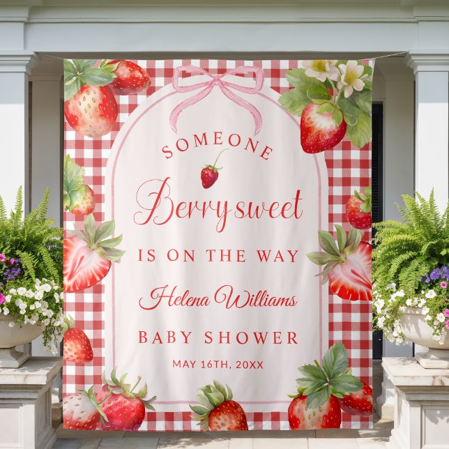 Tapete De Parede Someone Berry Sweet Is On The Way Baby Shower (Red Gingham Someone Berry Sweet is on the way Baby Shower Backdrop)