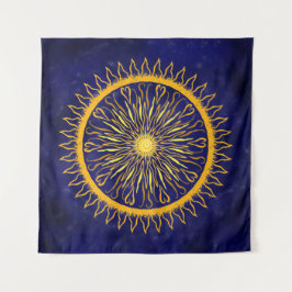 Tapete De Parede Sun Mandala Dourado Laranja no Azul Celestial