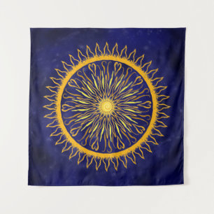 Tapete De Parede Sun Mandala Dourado Laranja no Azul Celestial