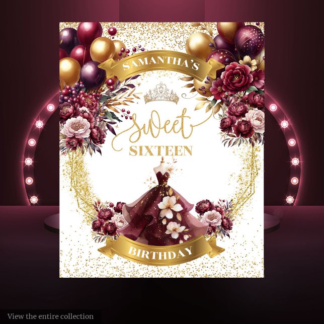 Tapete De Parede Sweet 16 Backdrop Burgundy Balões Dourados Brilhan (Sweet 16 Backdrop Burgundy Balloons Gold Glitter)