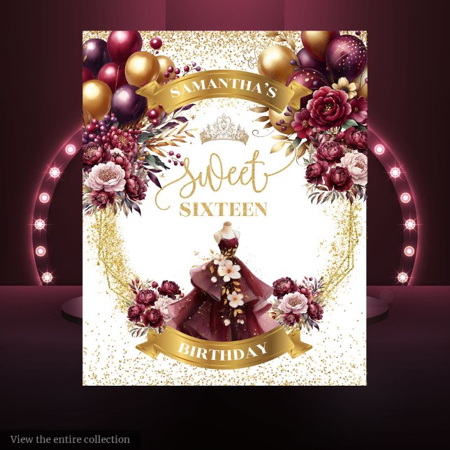 Tapete De Parede Sweet 16 Backdrop Burgundy Balões Dourados Brilhan (Sweet 16 Backdrop Burgundy Balloons Gold Glitter Glam)