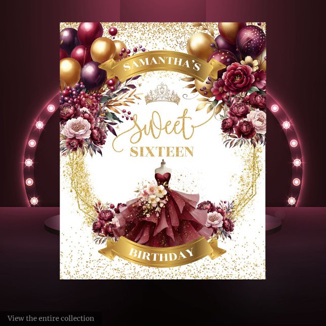 Tapete De Parede Sweet 16 Backdrop Burgundy Vestir Balões Dourados  (Sweet 16 Backdrop Burgundy Dress Gold Balloons Spark)