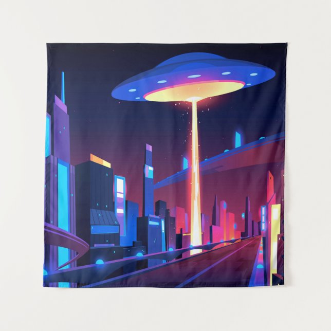 Tapete De Parede Synthwave Neon City: UFO (Frente)