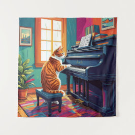Tapete De Parede Tabby Cat Tocando o Piano
