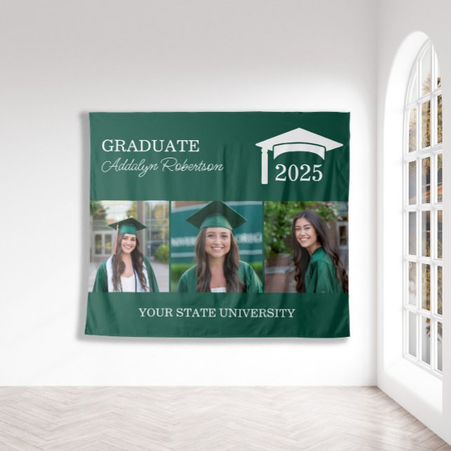 Tapete De Parede Tampa Verde 3 Foto Graduação 2025 (Green and white 3-photo graduation party wall tapestry.)