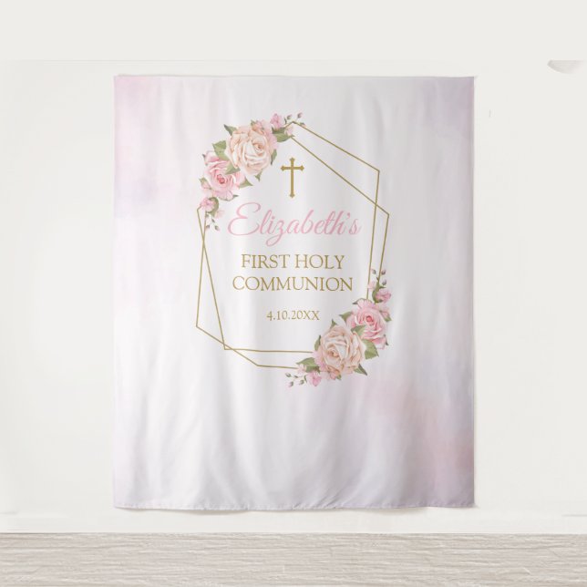 Tapete De Parede Tapiz Pink Floral Communion Backdrop (Frente)