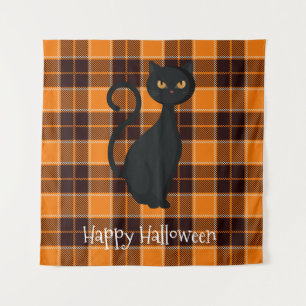 Tapete De Parede Tartan Xadrez Laranja Preto Halloween Gato Preto