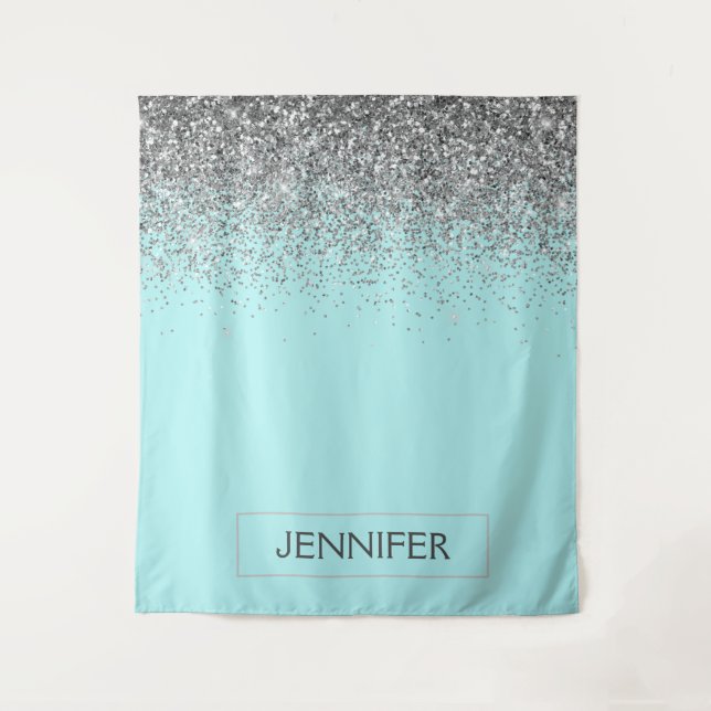 Tapete De Parede Teal Aqua Blue Silver Glitter Girly Monographic No (Frente)